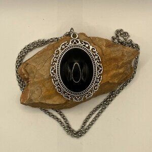 Agate Pendant Necklace Vintage Black Agate Stainless Steel Rolo Chain
